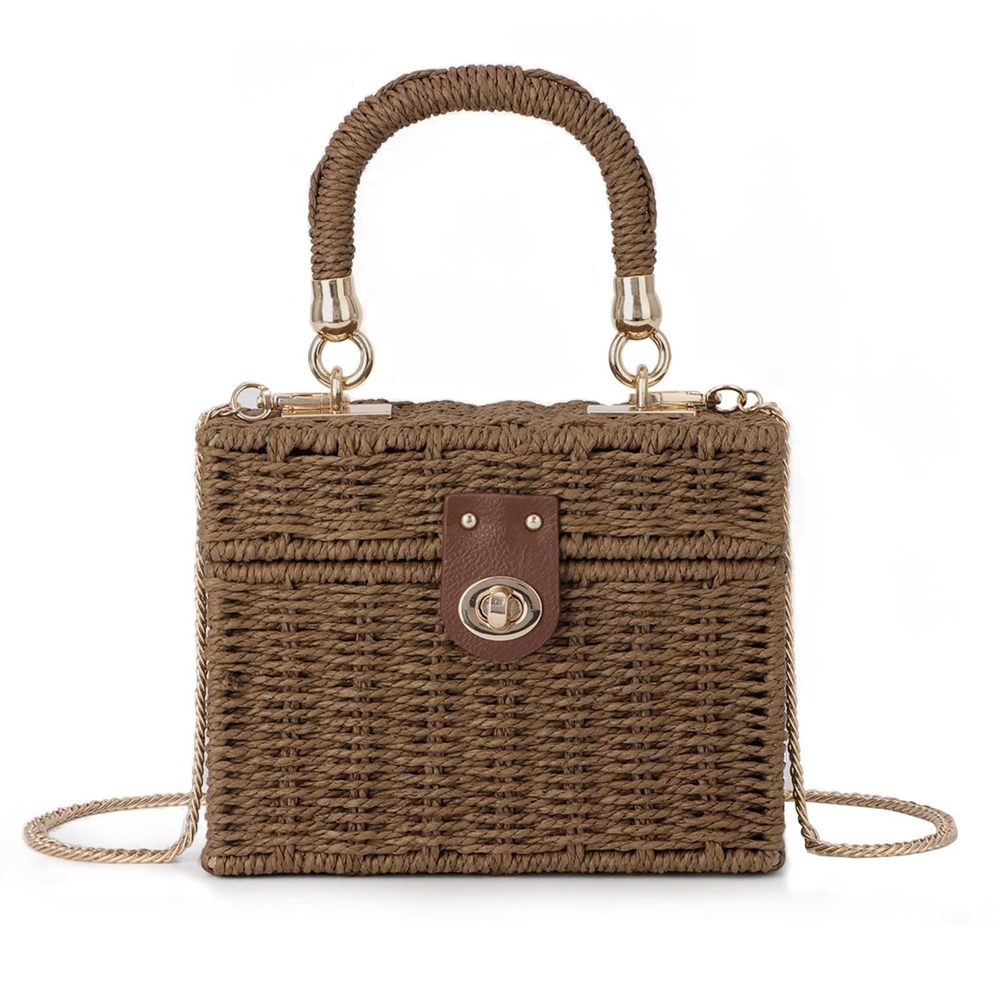 Handwoven Rattan Handbag Beach Straw Tote Bag Square Boho Crossbody ;)